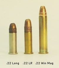 A picture of the .22 Long with a .22 Long Rifle and a .22 Winchester Magnum Rifle