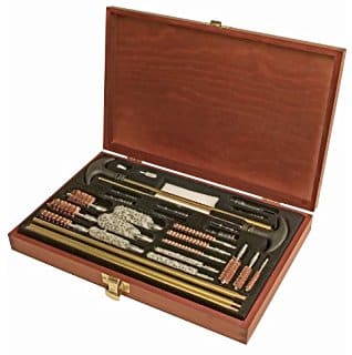 image of an opened wooden Outers 28-Piece Universal Wood Gun Cleaning Box