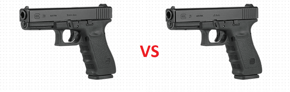 a picture of a glock 20 and a glock 21 with a VS in between