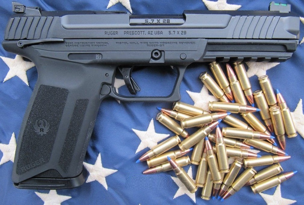 A picture of Ruger 57 with 5.7x28mm ammo